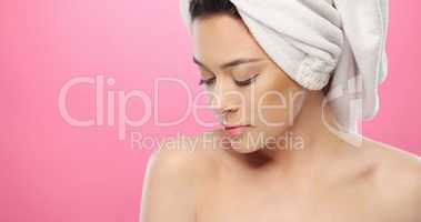 Fresh Woman with Towel on Head on Pink