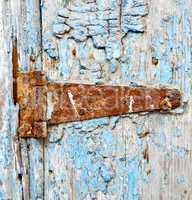 rusty metal     nail dirty stripped paint in the blue wood door