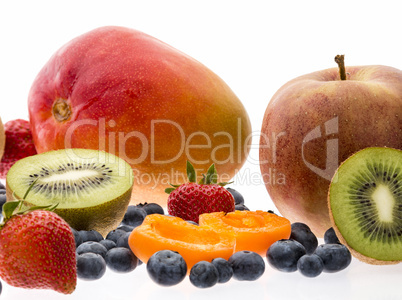 Halved Apricot And Kiwi Fruit On White Background