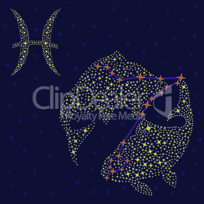 Zodiac sign Pisces over starry sky