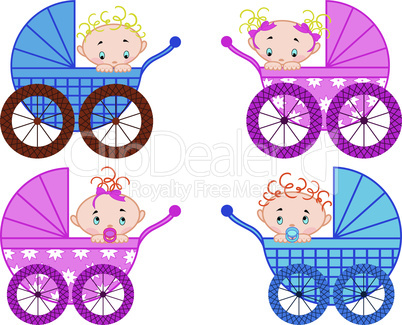 Four strollers with baby-boys and baby-girls