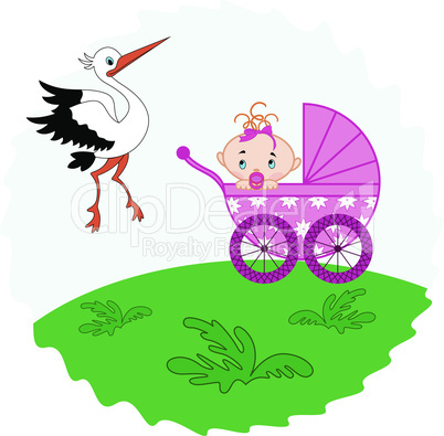 Baby girl in a pram and stork beside her