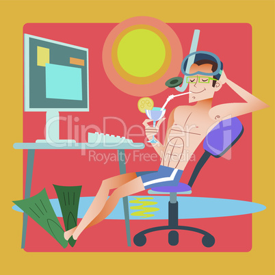 Freelancer works at the resort at the computer