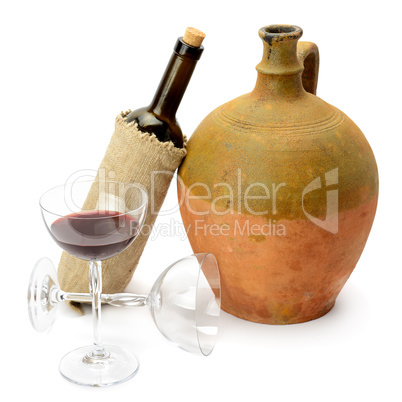 glass of wine, bottle and amphora