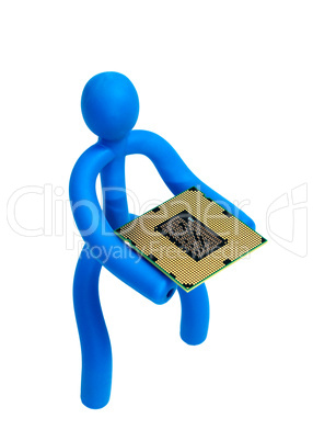 Rubber man with a processor isolated on white background