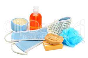 soaps and sponge isolated on white background