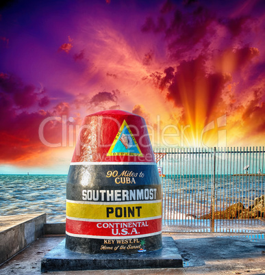 Southernmost Point sign in Key West, Florida. Beautiful seascape