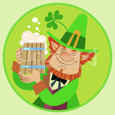 Day Patrick green leprechaun with beer and Shamrock