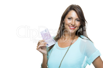 Smiling Attractive Woman Holding 500 Euro Bill