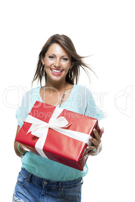 Happy Woman Holding Red Gift Box