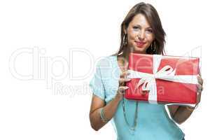 Happy Woman Holding Red Gift Box