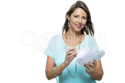 Close up Smiling Pretty Girl Holding Cash