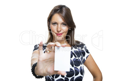 Smiling Woman in Dress Holding her Name Tag