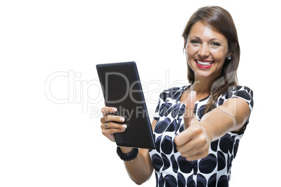 Smiling Woman in a Dress Holding a Tablet Computer