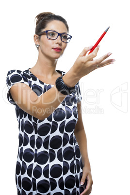 Serious Woman in a Dress Holding Ballpoint Pen