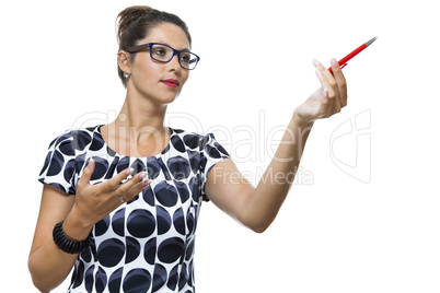 Serious Woman in a Dress Holding Ballpoint Pen