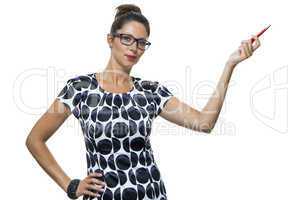 Serious Woman in a Dress Holding Ballpoint Pen