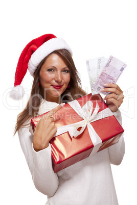 Young woman with an Xmas gift and money