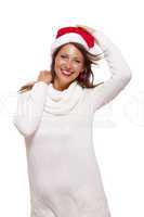 Young woman in a Santa hat holding out her hands