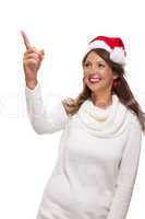 Young woman in a Santa hat holding out her hands