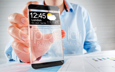 Smartphone with transparent screen in human hands.