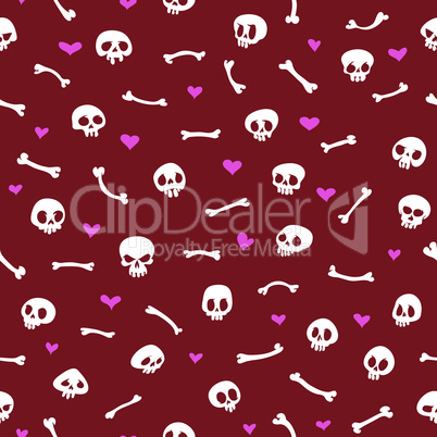 Cartoon Skulls with Hearts on Red Background Seamless Pattern