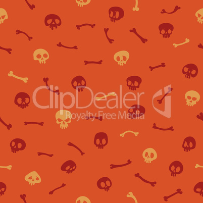 Cartoon Skulls on Orange Background Seamless Pattern
