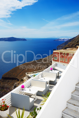 The sea view terrace at luxury hotel, Santorini island, Greece