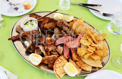 Traditional food in the restaurant on Santorini island, Greece