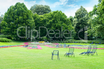 Lounge chairs in the summer park