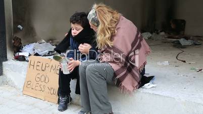 Homeless mother with her son