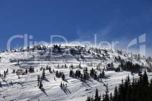 Winter Carpathian Mountains at sun windy day
