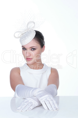 Mysterious Woman in Elegant white Hat and glowes