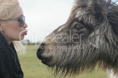Close up Blond Woman About to Kiss a Hairy Horse