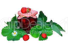 jar of jam with strawberry and green leaves on white