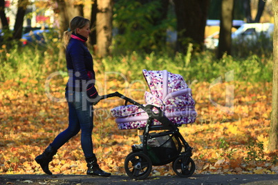 woman with baby in perambulator in the park