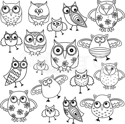 Eighty funny owls black outlines