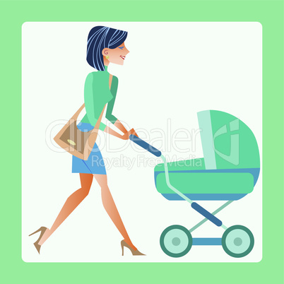 young mother with a baby carriage