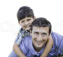 Father and Son Playing Piggyback Isolated on White