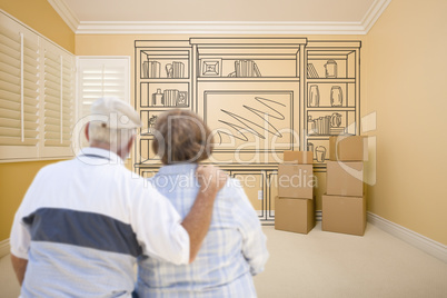 Senior Couple In Empty Room with Shelf Drawing on Wall