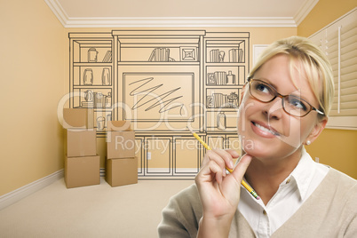 Daydreaming Woman Holding Pencil In Rom with Shelf Drawing on Wa