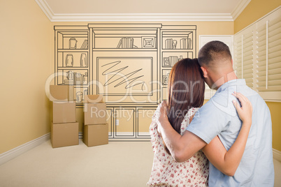 Military Couple In Empty Room with Shelf Drawing on Wall