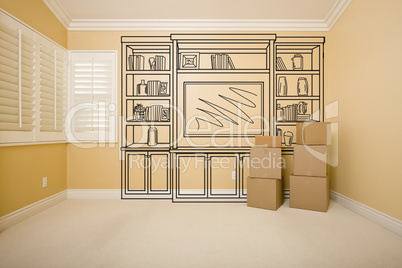 Boxes in Empty Room with Shelf Design Drawing on Wall