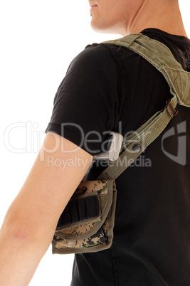 Soldier with holster and handgun.