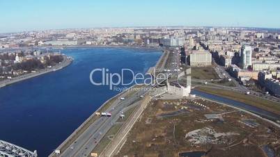 Flying near of River Neva in Center Saint-Petersburg, aerial view