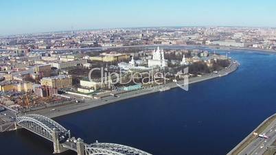 Flying near of River Neva in Center Saint-Petersburg, aerial view