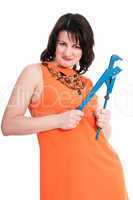 woman with blue wrench