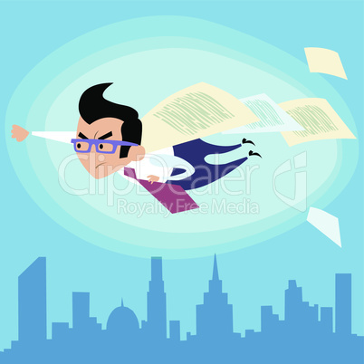 Businessman superhero flying over the city contract deal