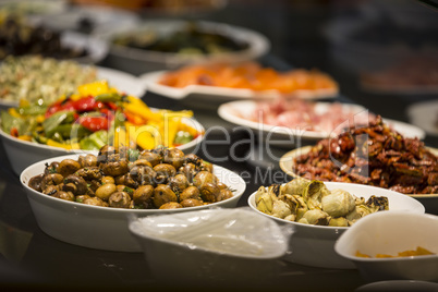 Antipasti Buffet mit Gemüse, Schinken und Lachs