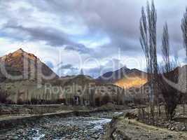 Sunset sunlight among the rocks. Himalayas, Leh, Northern India